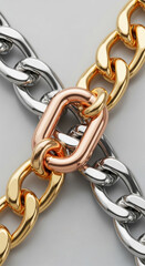 Close-up of gold, silver, and rose gold chains interlinked, showcasing metallic texture and reflecting light, symbolizing connection, strength, and unity