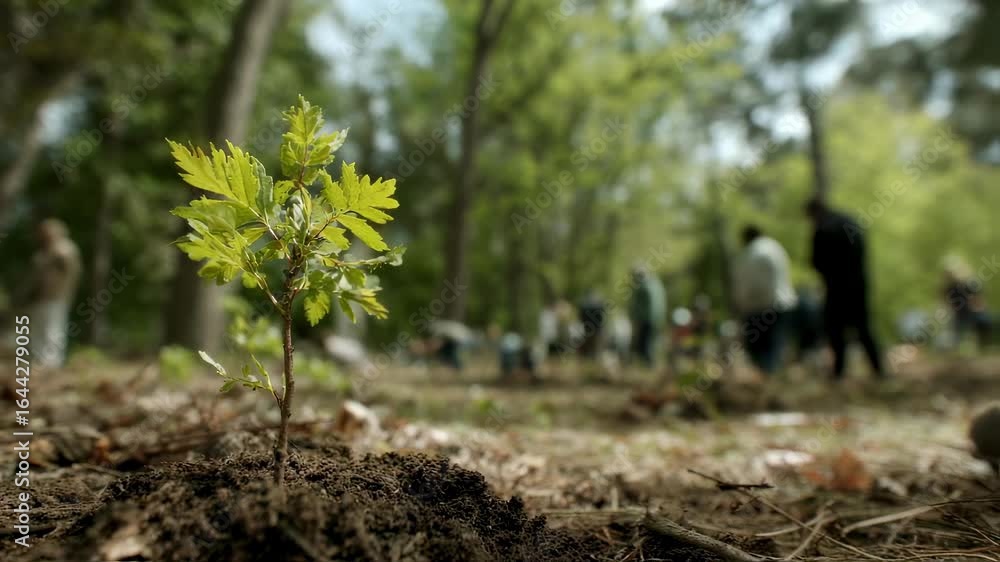 Poster medium shot capturing a single memorial tree standing tall with fresh leaves sharply in focus while 