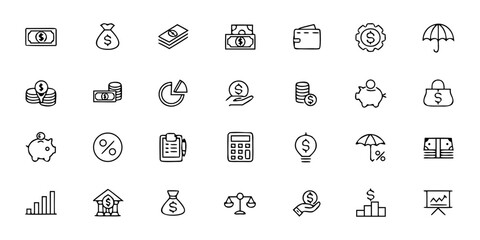 Finance & Money Management Glyph Icon Pack &ndash; Minimalist Line Art Dollar, Credit Card, Wallet, Bank, Calculator, Invoice, Budget, and Financial Symbols &ndash; Accounting & Banking Vector Icons