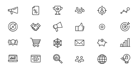 Title:
Marketing & Sales Glyph Icon Bundle &ndash; Minimalist Line Art Megaphone, Shopping Cart, Target, Analytics, Social Media, Email Marketing, Discounts, and Promotion Symbols
