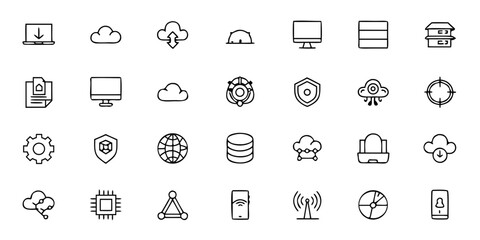 Business Technology & Digital Tools Glyph Icon Bundle &ndash; Minimalist Line Art Computer, Cloud Storage, Cybersecurity, Data Analytics, Software, AI, and IT Symbols &ndash; Tech & SaaS Vector Icons 