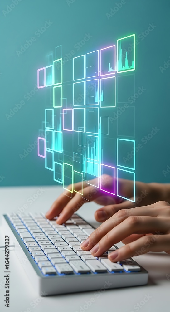 Fototapete photo of hands typing on a keyboard with a glowing digital interface displaying data and charts