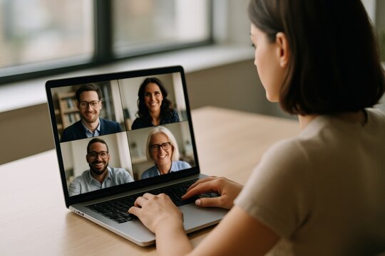 Remote team meeting with diverse colleagues on video call