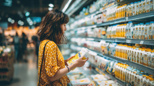 young woman holding milk pack near grocery shelf in dairy department of supermarket, buyer, client, store, buy food, hypermarket, grocery store, shop, shopping