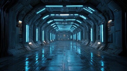 Fototapeta premium Three-Dimensional Abstract Corridor: Futuristic Space Station Entrance with Glowing Neon Lights and Dark Ambiance