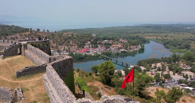 Aerial panoramic of medieval Rozafa Castle or Shkoder Castle in Shkoder, Albania