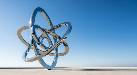 Shiny chrome sculpture resembling an atom, set against a clear blue sky, showcasing modern art and scientific concepts, ideal for design or technology themes