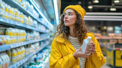 young woman holding milk pack near grocery shelf in dairy department of supermarket, buyer, client, store, buy food, hypermarket, grocery store, shop, shopping