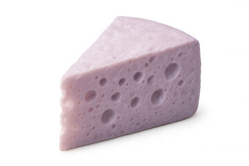 Close-up of a single, triangular slice of lavender-colored cheese featuring various-sized holes, isolated on a transparent background