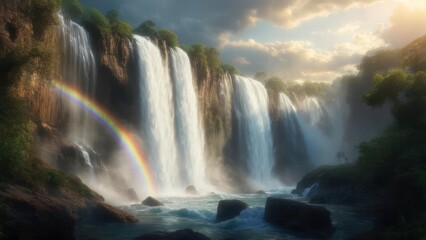 Fototapeta premium Majestic waterfall with rainbow