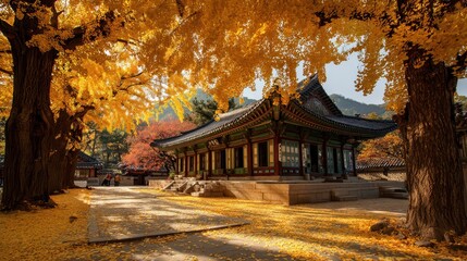 Obraz premium Vibrant Autumn Ginkgo at Gyeongbokgung Palace, South Korea: A Scenic View of Red Leaves and Sunlit Foliage in a Tranquil Park