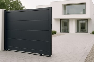 Modern sliding gate opening to contemporary suburban home