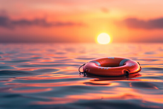 A red life preserver is floating in the ocean - Powered by Adobe