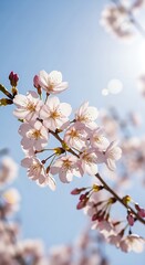 Photo of delicate pink cherry blossoms blooming on a branch against a soft blue sky