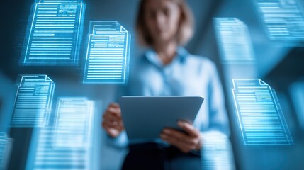 Businesswoman using Tablet, Reviewing Data Documents with Digital Interface in Office