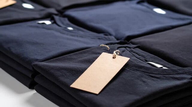 Stacked Navy T Shirts with Blank Tags on White Surface Textile Background Promotion for Product Branding and Fashionable Apparel