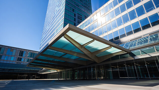 Modern Architecture of a High Rise Building with Glass Facade and Futuristic Entrance Canopy under Clear Blue Sky