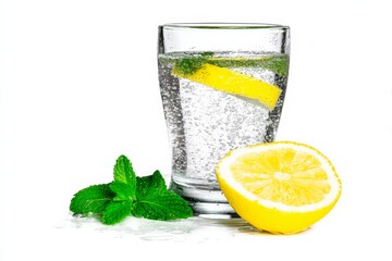 Fototapeta premium A refreshing drink with lemon, mint, and sparkling water, perfect for a hot day.