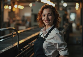 Conveyor line attendant smiling beside empty rollers in a factory setting