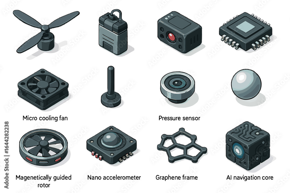 Poster cooling magnetically navigation nanobot frame nano icon ai vector micro drone