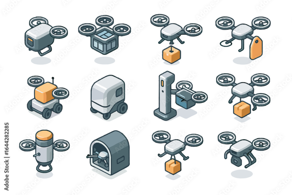 Poster nano drone delivery vector micro path icon precision courier tag bot