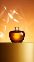 An elegant amber glass perfume bottle with a clear stopper sits on a golden surface with abstract light patterns