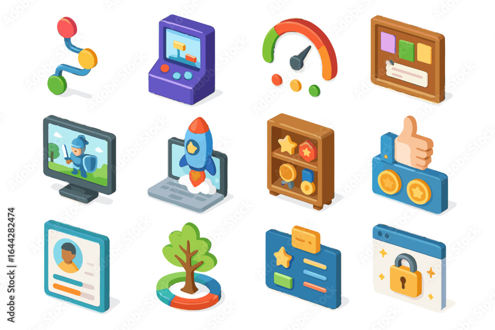 Poster learning vector interactive screen icons panel game mission path story quiz gamified