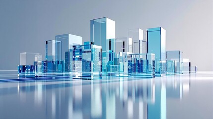 Minimal Futuristic Cityscape with Transparent Glass Cubes in Cool Blue and Silver Tones – 3D Render on White Background
