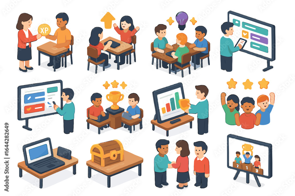 Poster students leveling cheering vector gamification quiz desk icon collaboration classroom whiteboard com