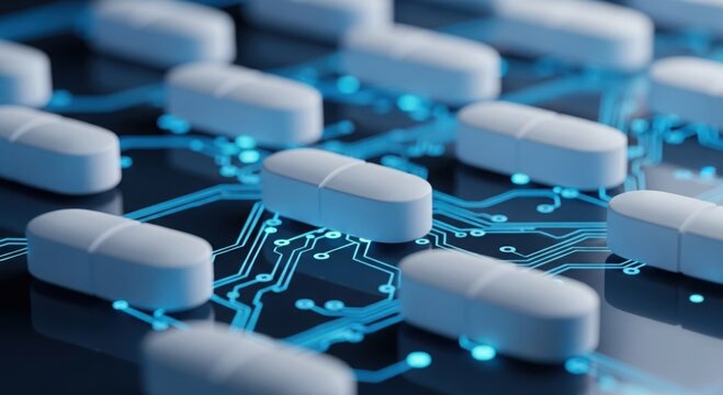 Pharmaceutical innovation oval white pills arranged on a circuit board with glowing blue lines symbolizing advanced medical technology and research - Powered by Adobe