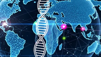 Global Health Technology Innovation: Futuristic DNA Model and World Map Visualization - Powered by Adobe