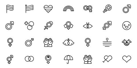 Gender Diversity and LGBTQ+ Inclusion Icon Pack &ndash; Minimalist Line Art Pride Flags, Gender Symbols, Equality, Allyship, Inclusive Families, and Community Support &ndash; LGBTQ+ & Social Equality Vector Icons