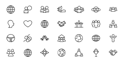 Cultural Diversity and Global Inclusion Icon Bundle &ndash; Minimalist Line Art Multicultural People, Global Unity, Language Exchange, World Flags, International Partnership, and Inclusion