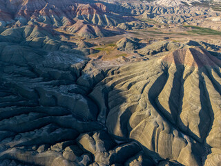 Nallıhan Rainbow Hills in Turkey photographed from above, showcasing vibrant multicolored hills,...