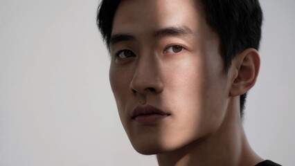 Fototapeta premium Side-lit portrait of young Asian man looking away in studio with soft shadows and neutral tones