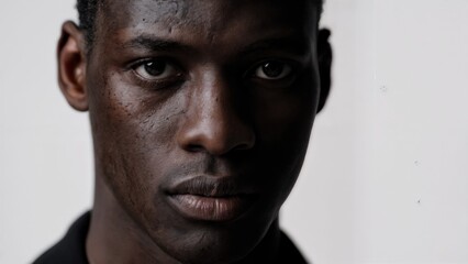 Studio portrait of serious young Black man with strong side light and minimal white background