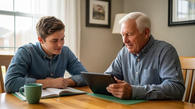 Senior man and teenage boy using tablet together at home
