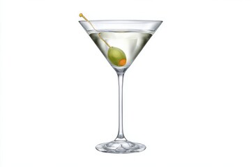 A pristine martini, garnished with an olive, sits elegantly in a glass.