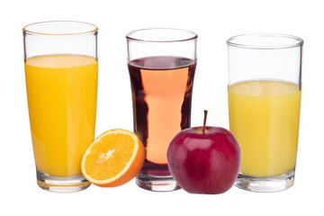 Delicious fruit juices and a fresh apple make a vibrant still life with healthy drinks.