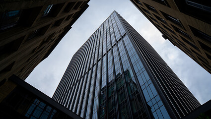 Naklejka premium Skyscraper Ascending to the Sky A Modern Architectural Marvel in Urban Landscape with Impressive Glass Facade and Geometric Design Elements