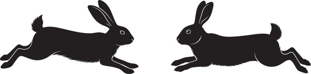 Vector art of two black rabbits running in opposite directions isolated on white background