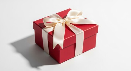 Obraz premium Elegant Red Gift Box with Cream Ribbon on White Background, Studio Lighting