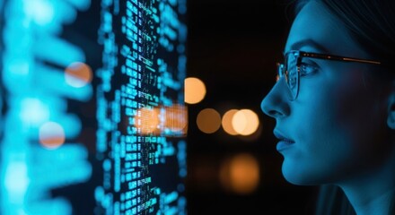 Focused individual examines glowing blue digital data streams and complex algorithms displayed on a large screen with bokeh lights in the background