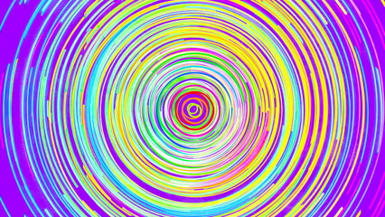 Psychedelic neon vortex with radiant concentric ripples and wave distortion. Retro-futuristic audio visualizer design for music events, techno art, and vibrant abstract colorful background