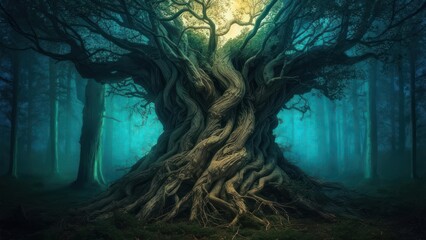 Mystical ancient tree in a foggy forest