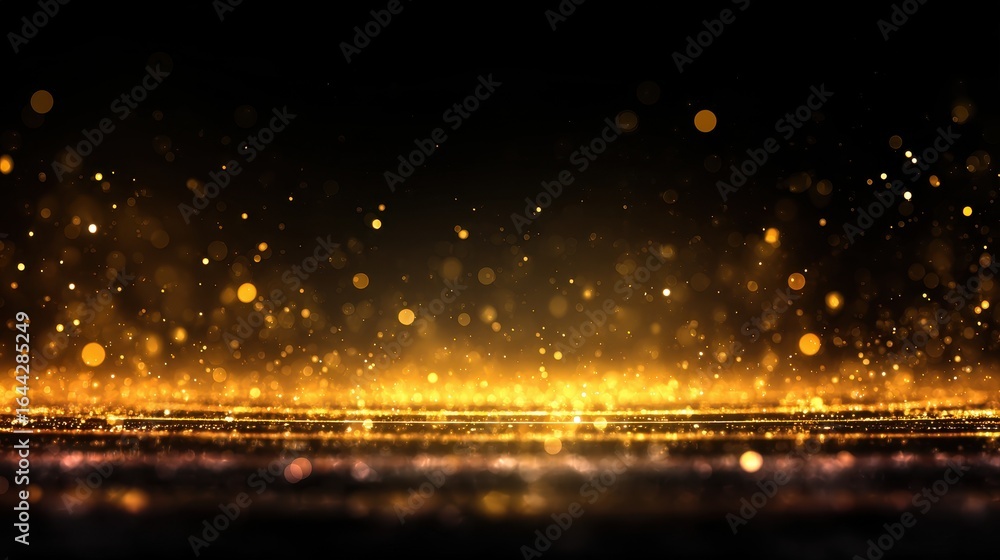 Poster golden sparkling dust and bokeh lights shimmering and floating on a dark background
