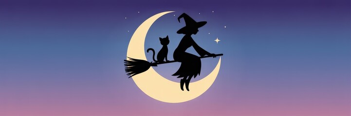 Fototapeta premium Minimal Flat Vector Silhouette — Adult Witch Black Cat Broom Sitting Pale Yellow Crescent Moon, Pastel Purple-Blue-Pink Twilight Gradient Stars, Wide Panoramic Banner & Copy Space Halloween Party Invi
