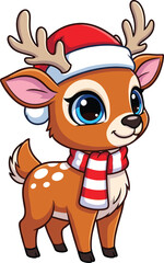 Cartoon Reindeer in Santa Hat and Striped Scarf—Festive Character with Blue Eyes for Christmas, Holiday, and Winter-Themed Designs