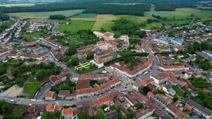 Panoramic aerial of the old town of the city  La Porte du Der in France on a sunny noon in summer