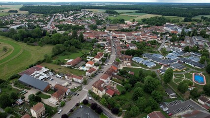 Panoramic aerial of the old town of the city  La Porte du Der in France on a sunny noon in summer